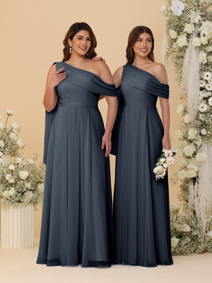 A-Line/Princess One-Shoulder Floor-Length Plus Size Bridesmaid Dresses With Watteau Train