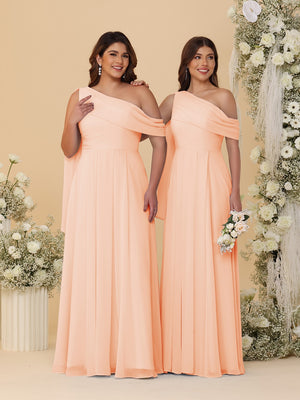 A-Line/Princess One-Shoulder Floor-Length Plus Size Bridesmaid Dresses With Watteau Train