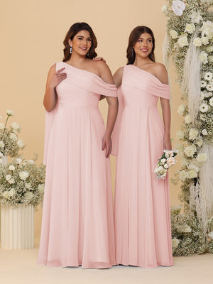 A-Line/Princess One-Shoulder Floor-Length Plus Size Bridesmaid Dresses With Watteau Train
