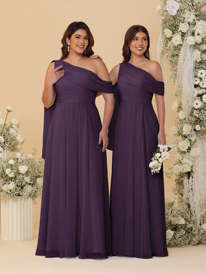 A-Line/Princess One-Shoulder Floor-Length Plus Size Bridesmaid Dresses With Watteau Train