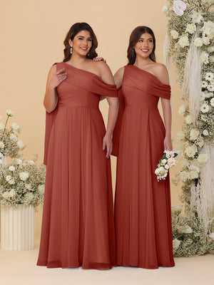 A-Line/Princess One-Shoulder Floor-Length Plus Size Bridesmaid Dresses With Watteau Train