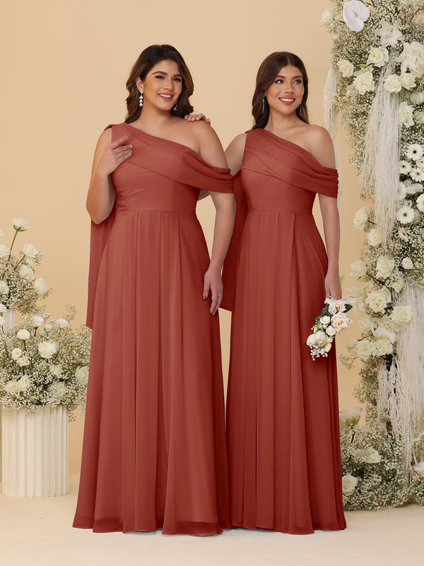 A-Line/Princess One-Shoulder Floor-Length Plus Size Bridesmaid Dresses With Watteau Train