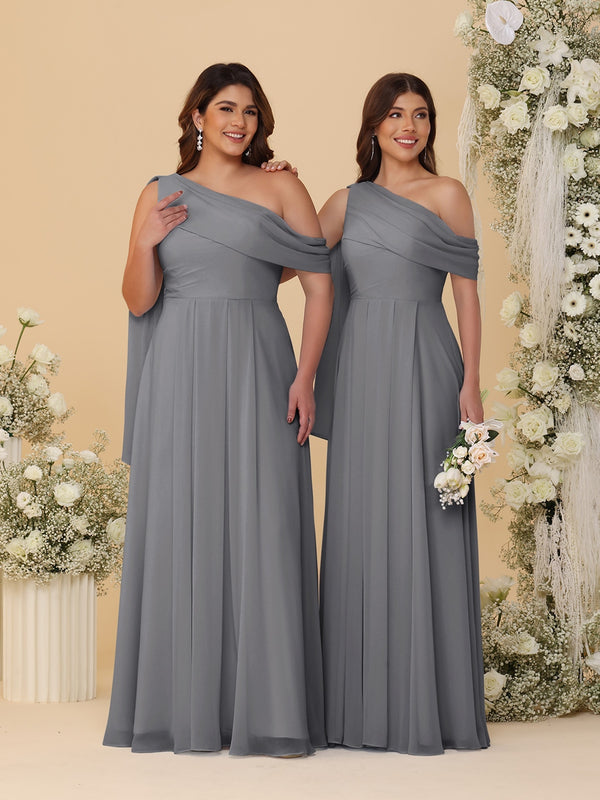 A-Line/Princess One-Shoulder Floor-Length Plus Size Bridesmaid Dresses With Watteau Train