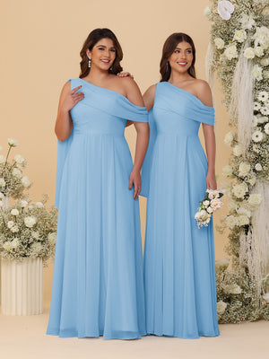 A-Line/Princess One-Shoulder Floor-Length Plus Size Bridesmaid Dresses With Watteau Train