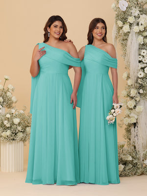 A-Line/Princess One-Shoulder Floor-Length Plus Size Bridesmaid Dresses With Watteau Train