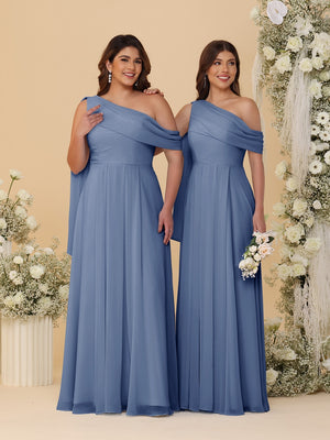 A-Line/Princess One-Shoulder Floor-Length Plus Size Bridesmaid Dresses With Watteau Train
