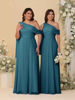 A-Line/Princess One-Shoulder Floor-Length Plus Size Bridesmaid Dresses With Watteau Train