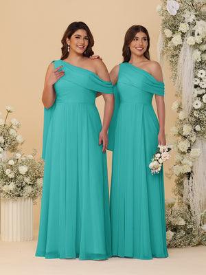 A-Line/Princess One-Shoulder Floor-Length Plus Size Bridesmaid Dresses With Watteau Train