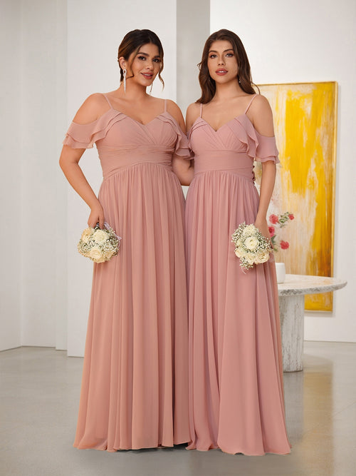 chiffon ruched bridesmaid dress Ivory Bridesmaid Dress Chiffon Floor-Length A-line