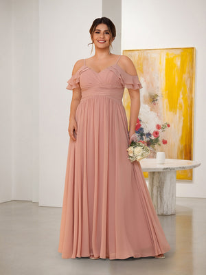A-Line/Princess V-Neck Spaghetti Straps Chiffon Ruched Plus Size Bridesmaid Dresses