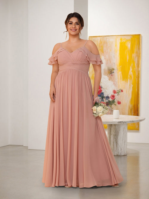 A-Line/Princess V-Neck Spaghetti Straps Chiffon Ruched Plus Size Bridesmaid Dresses
