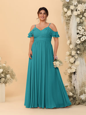 A-Line/Princess V-Neck Spaghetti Straps Chiffon Ruched Plus Size Bridesmaid Dresses