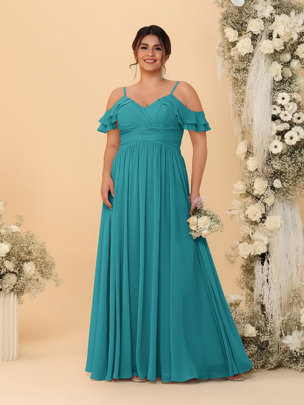 A-Line/Princess V-Neck Spaghetti Straps Chiffon Ruched Plus Size Bridesmaid Dresses