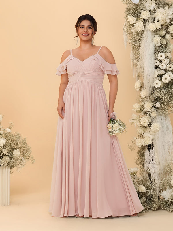 A-Line/Princess V-Neck Spaghetti Straps Chiffon Ruched Plus Size Bridesmaid Dresses