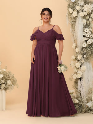 A-Line/Princess V-Neck Spaghetti Straps Chiffon Ruched Plus Size Bridesmaid Dresses
