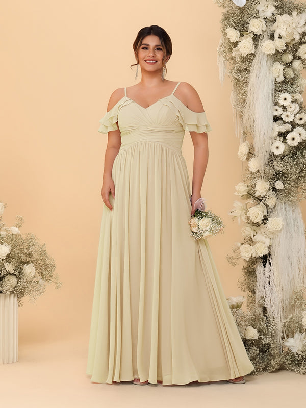 A-Line/Princess V-Neck Spaghetti Straps Chiffon Ruched Plus Size Bridesmaid Dresses