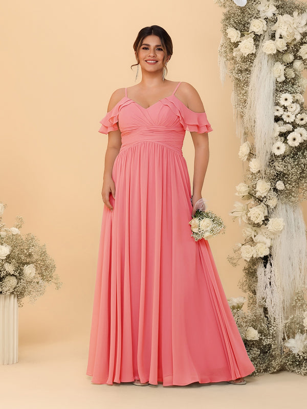 A-Line/Princess V-Neck Spaghetti Straps Chiffon Ruched Plus Size Bridesmaid Dresses