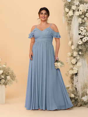 A-Line/Princess V-Neck Spaghetti Straps Chiffon Ruched Plus Size Bridesmaid Dresses
