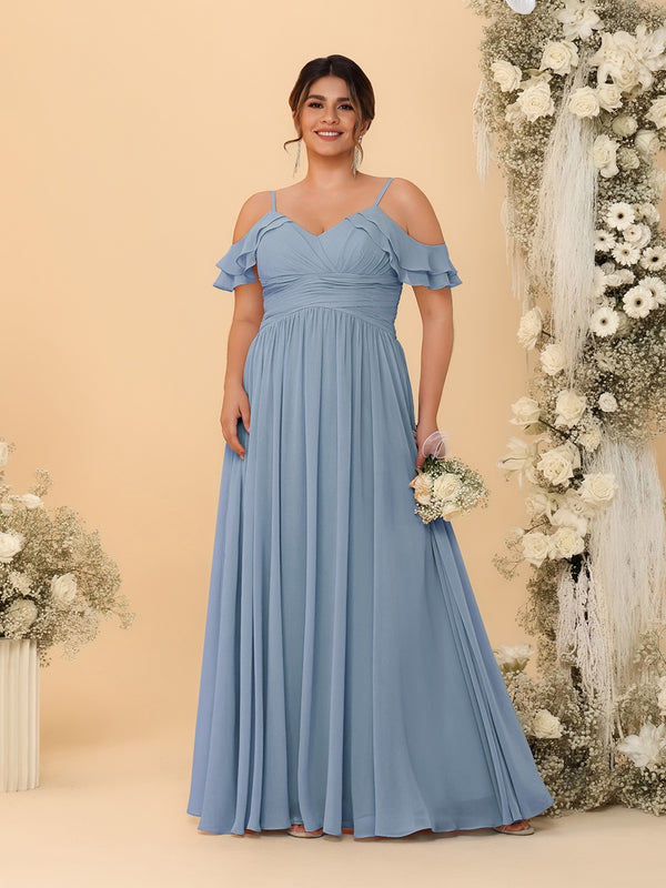 A-Line/Princess V-Neck Spaghetti Straps Chiffon Ruched Plus Size Bridesmaid Dresses
