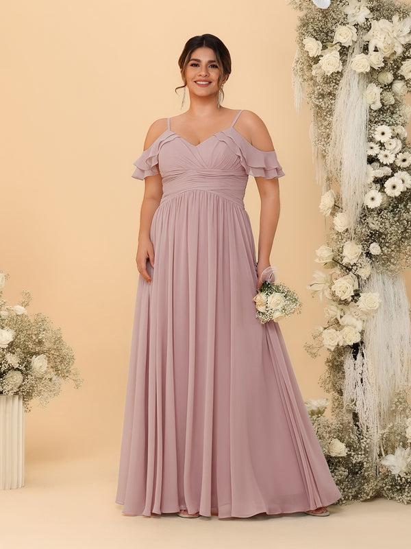 A-Line/Princess V-Neck Spaghetti Straps Chiffon Ruched Plus Size Bridesmaid Dresses