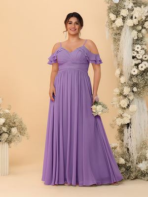 A-Line/Princess V-Neck Spaghetti Straps Chiffon Ruched Plus Size Bridesmaid Dresses
