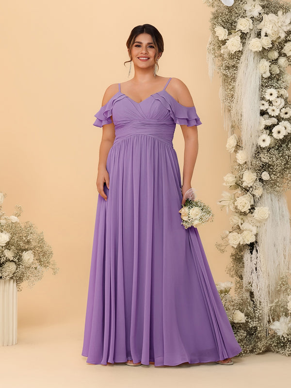 A-Line/Princess V-Neck Spaghetti Straps Chiffon Ruched Plus Size Bridesmaid Dresses