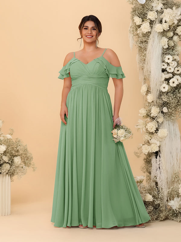 A-Line/Princess V-Neck Spaghetti Straps Chiffon Ruched Plus Size Bridesmaid Dresses