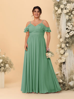 A-Line/Princess V-Neck Spaghetti Straps Chiffon Ruched Plus Size Bridesmaid Dresses