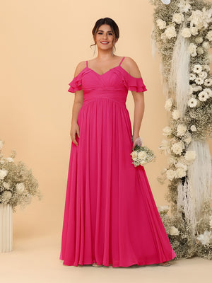 A-Line/Princess V-Neck Spaghetti Straps Chiffon Ruched Plus Size Bridesmaid Dresses