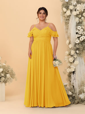 A-Line/Princess V-Neck Spaghetti Straps Chiffon Ruched Plus Size Bridesmaid Dresses