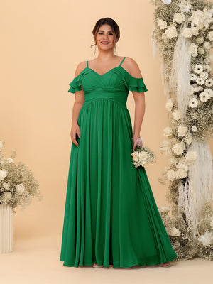 A-Line/Princess V-Neck Spaghetti Straps Chiffon Ruched Plus Size Bridesmaid Dresses