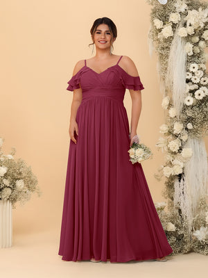 A-Line/Princess V-Neck Spaghetti Straps Chiffon Ruched Plus Size Bridesmaid Dresses