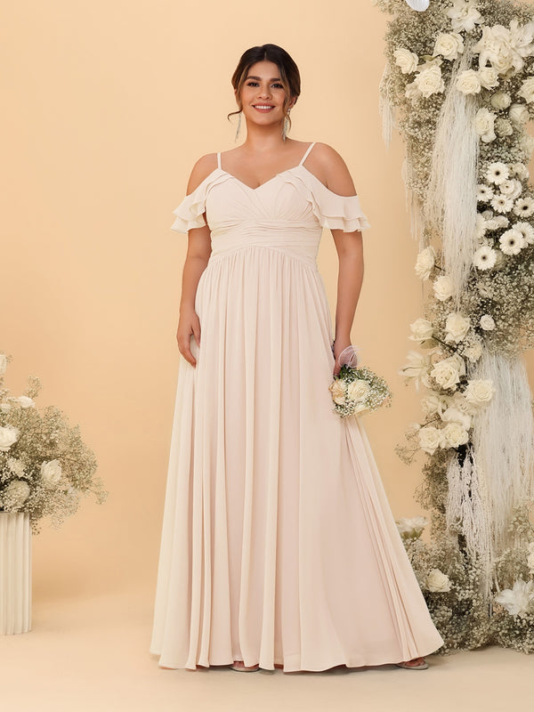 A-Line/Princess V-Neck Spaghetti Straps Chiffon Ruched Plus Size Bridesmaid Dresses