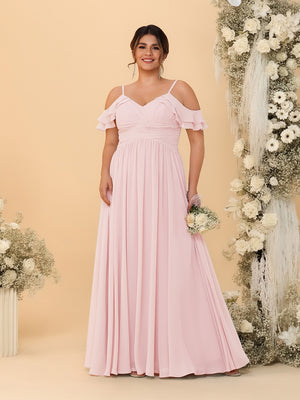 A-Line/Princess V-Neck Spaghetti Straps Chiffon Ruched Plus Size Bridesmaid Dresses