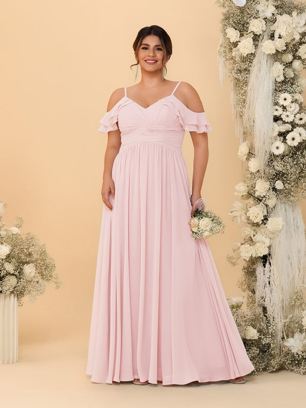 A-Line/Princess V-Neck Spaghetti Straps Chiffon Ruched Plus Size Bridesmaid Dresses