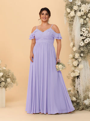 A-Line/Princess V-Neck Spaghetti Straps Chiffon Ruched Plus Size Bridesmaid Dresses