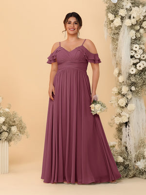 A-Line/Princess V-Neck Spaghetti Straps Chiffon Ruched Plus Size Bridesmaid Dresses