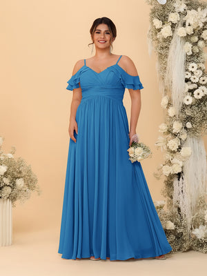 A-Line/Princess V-Neck Spaghetti Straps Chiffon Ruched Plus Size Bridesmaid Dresses