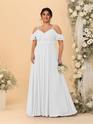 A-Line/Princess V-Neck Spaghetti Straps Chiffon Ruched Plus Size Bridesmaid Dresses