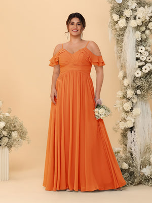 A-Line/Princess V-Neck Spaghetti Straps Chiffon Ruched Plus Size Bridesmaid Dresses