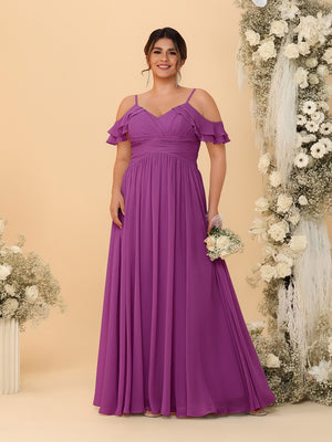 A-Line/Princess V-Neck Spaghetti Straps Chiffon Ruched Plus Size Bridesmaid Dresses