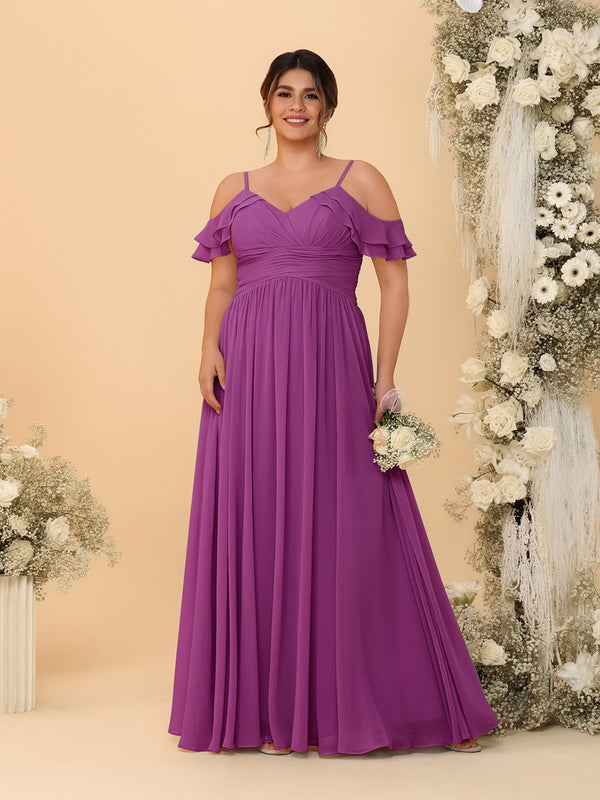 A-Line/Princess V-Neck Spaghetti Straps Chiffon Ruched Plus Size Bridesmaid Dresses