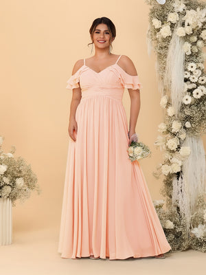 A-Line/Princess V-Neck Spaghetti Straps Chiffon Ruched Plus Size Bridesmaid Dresses