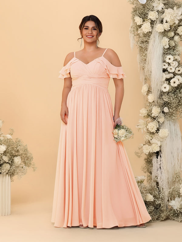 A-Line/Princess V-Neck Spaghetti Straps Chiffon Ruched Plus Size Bridesmaid Dresses