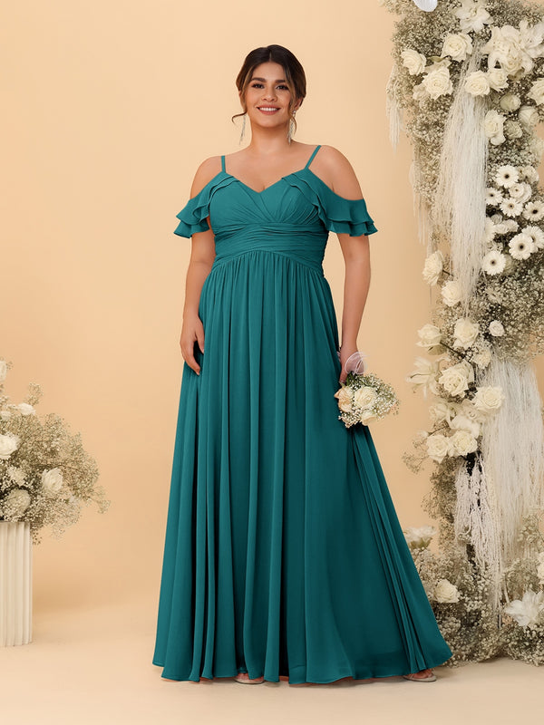 A-Line/Princess V-Neck Spaghetti Straps Chiffon Ruched Plus Size Bridesmaid Dresses