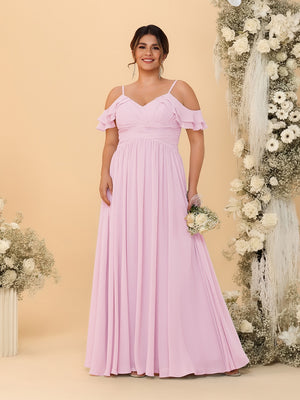 A-Line/Princess V-Neck Spaghetti Straps Chiffon Ruched Plus Size Bridesmaid Dresses