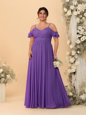 A-Line/Princess V-Neck Spaghetti Straps Chiffon Ruched Plus Size Bridesmaid Dresses