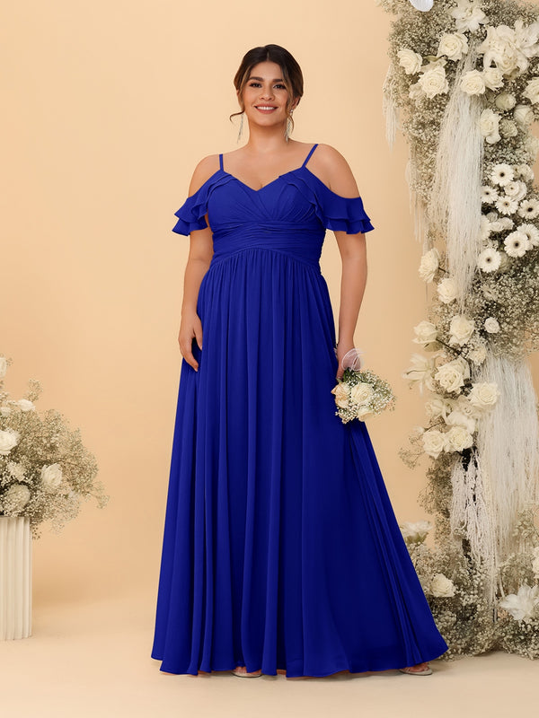 A-Line/Princess V-Neck Spaghetti Straps Chiffon Ruched Plus Size Bridesmaid Dresses