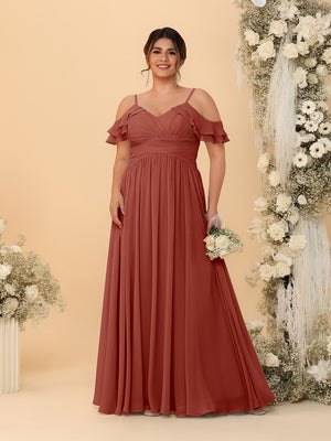 A-Line/Princess V-Neck Spaghetti Straps Chiffon Ruched Plus Size Bridesmaid Dresses