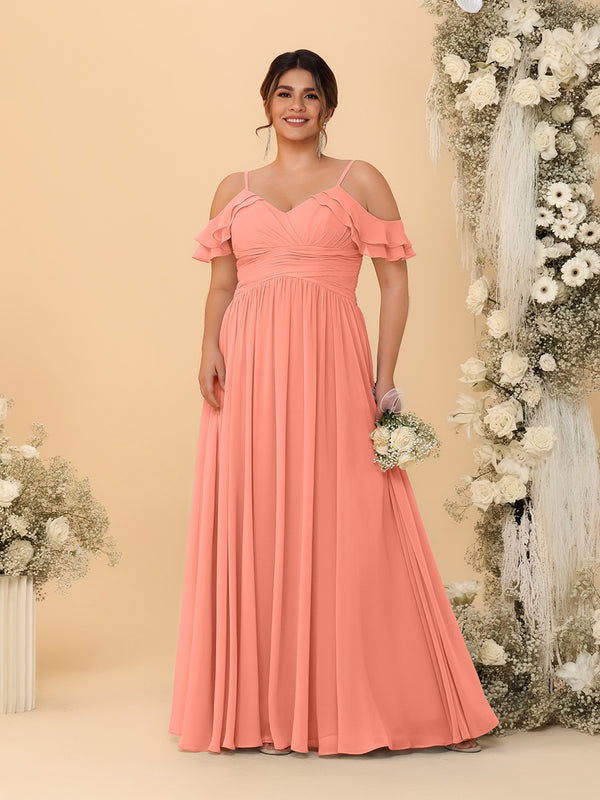 A-Line/Princess V-Neck Spaghetti Straps Chiffon Ruched Plus Size Bridesmaid Dresses